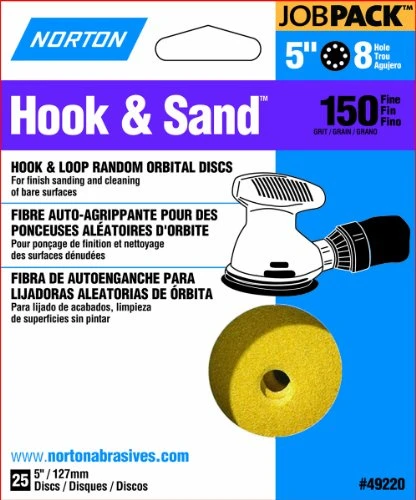 Norton Hook & Sand JobPack 49220 Hook & Loop Random Orbital Discs, P150 Medium Grit, Aluminum Oxide Abrasive, For Finish Sanding and Cleaning of Bare Surfaces, 5" x 8 Hole (A290) (Pack of 25)