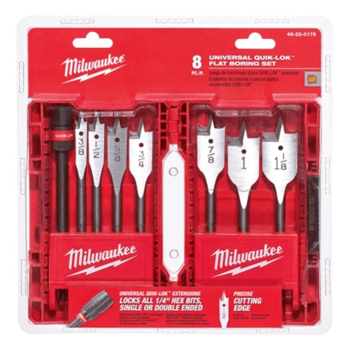 Milwaukee 49-22-0175 8-Piece Universal Quik-Lok Flat Boring Spade Bit Set w/ Carrying Case