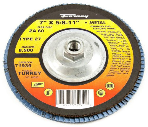Forney 71939 Flap Disc, Type 27 Blue Zirconia, 5/8"-11 Threaded Arbor, 60-Grit, 7"