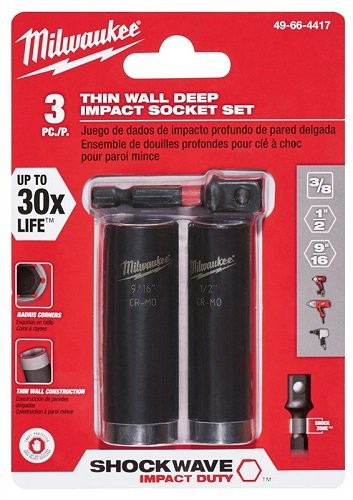 Milwaukee Genuine OEM 49-66-4417 3 Piece Thin Wall Deep Impact Socket Set w/ Radius Corners and Hex Socket Adaptor (Driver Not Included)