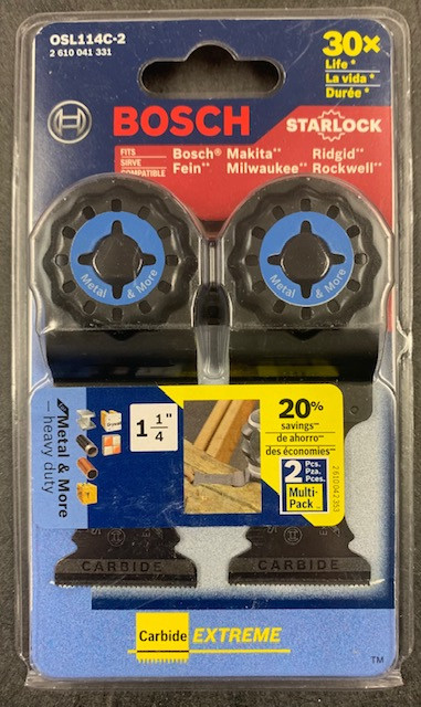 BOSCH Starlock Carbide Oscillating Tool Blades, Multi Tool Blades for Cutting Iron Bar, Metal, Wood with Nails, Drywall and Tile; 2-Pack, 1-1/4“ Width (OSL114C-2)