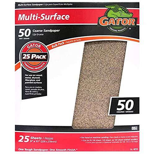 Gator (4212) 9" x 11" Multi-Surface Sanding Sheets, 50 Grit, 25 Pack