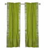 Olive Green Rod Pocket  Sheer Sari Curtains w/ Silver Border-Pair
