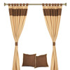 6 Pcs Set Gold Brown Raw Silk Curtain ,Cushion Cover, Tieback