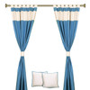 6 Pcs Turquoise Cream Raw Silk Curtain,Cushion Cover,Tieback Set