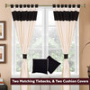 6 Pcs Cream Black Raw Silk Curtain,Cushion Cover,Tieback Set