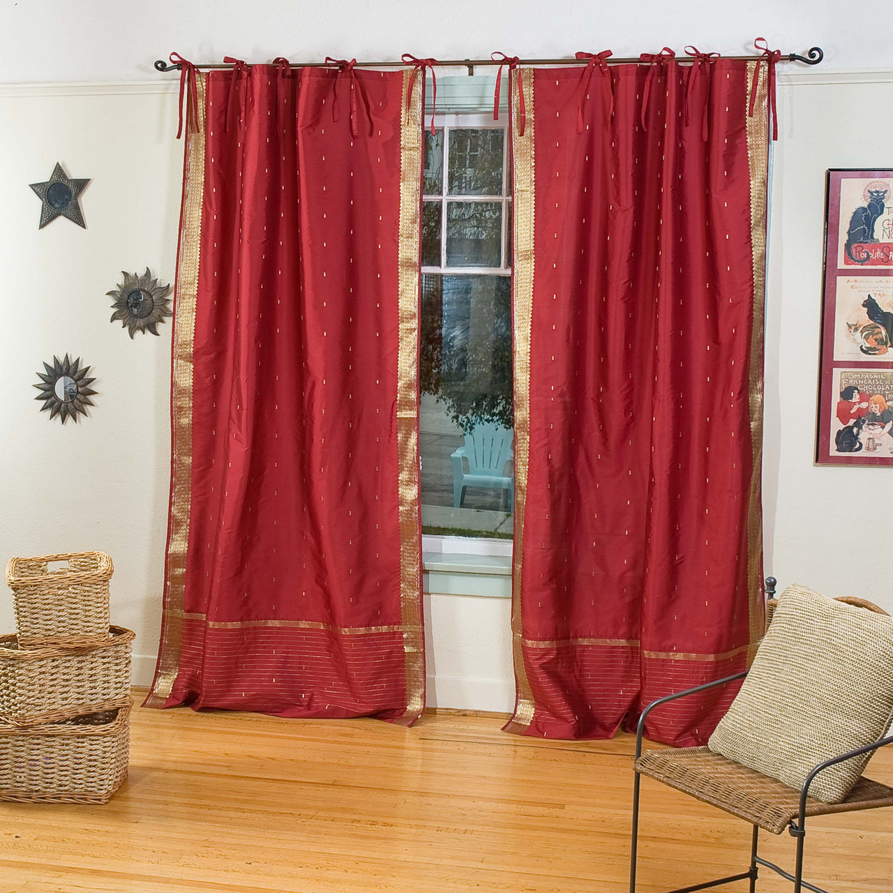 Maroon Tie Top Sheer Sari Curtain Drape Panel Pair Indian
