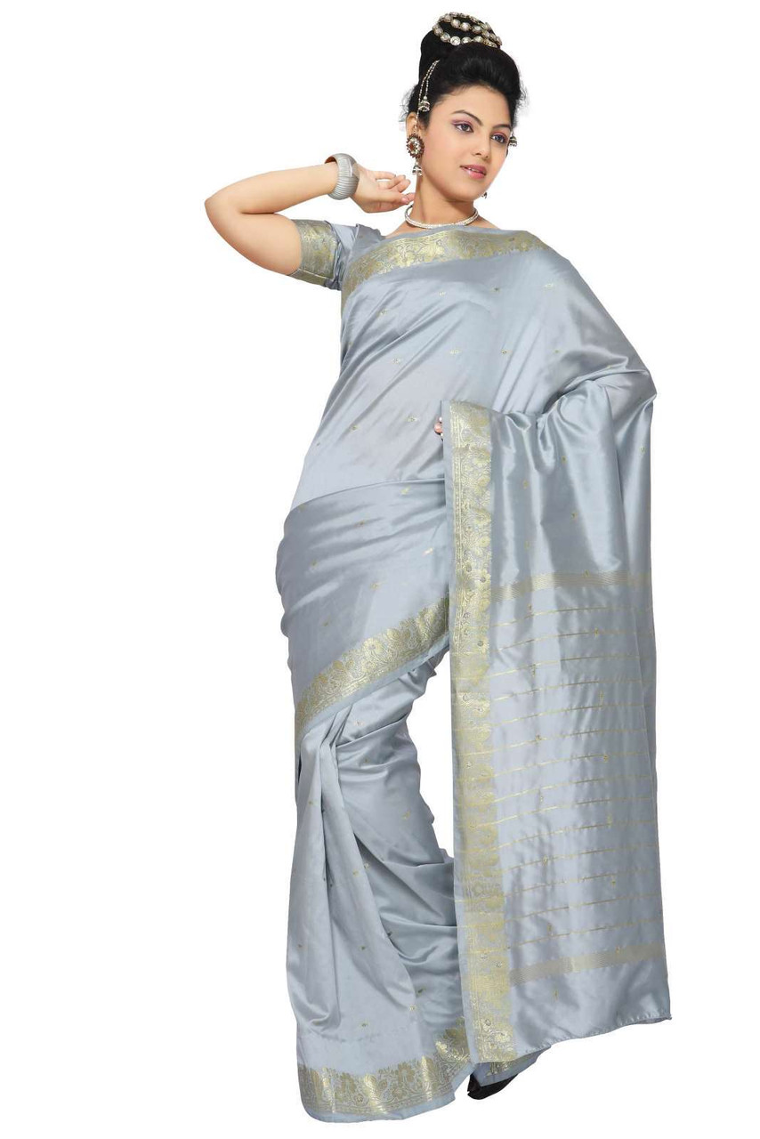 Gia - Blue saree w/ silver zari border – ADHIRA ALLURE