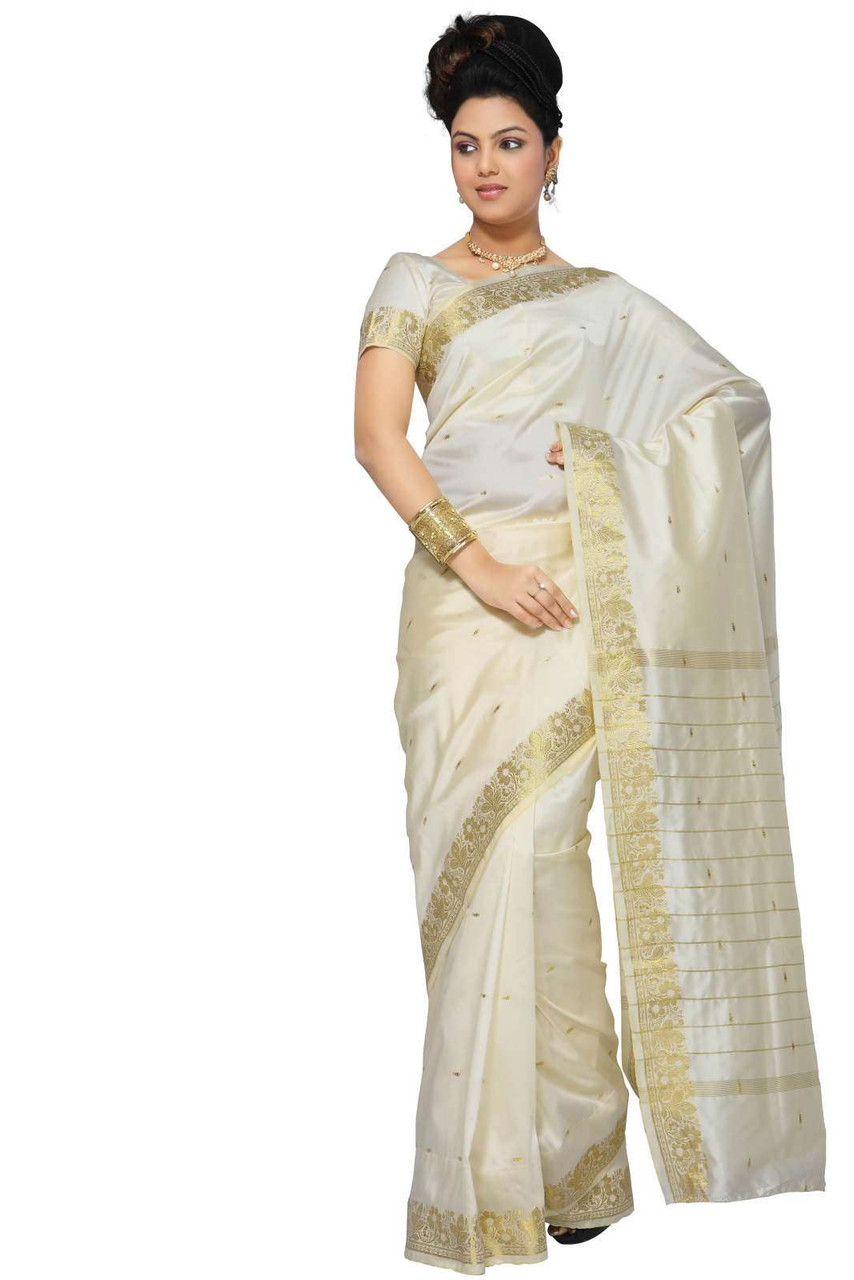 Cream Art Silk Saree Sari fabric India Golden  - Indian Selections