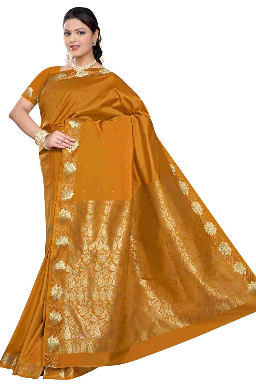 Pumpkin Art Silk Saree Sari fabric India Golden  - Indian Selections