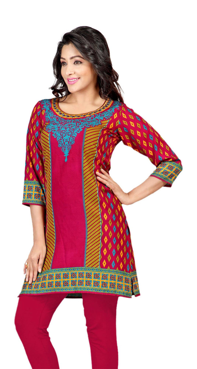 Twara peach unique design 3/4th sleeve cotton straight cut kurti