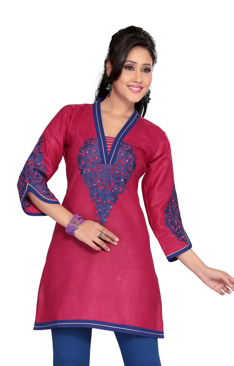 Medium Ladies Pink Cotton Kurti, Solid