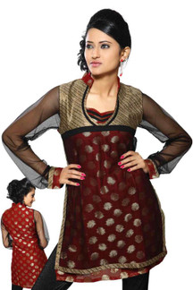 Rust colored viscose Kurti with net sleeves and half body neckline and collar.