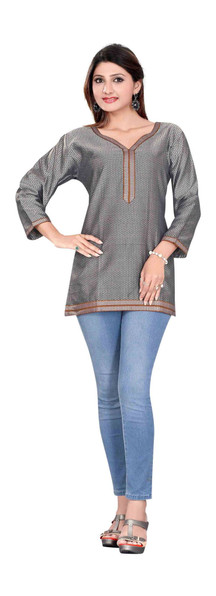Designer Gray 3/4 sleeve Indian Cotton Kurti/Tunic with Golden neckline
