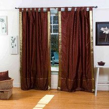 Brown  Tab Top  Sheer Sari Curtain / Drape / Panel  - Pair