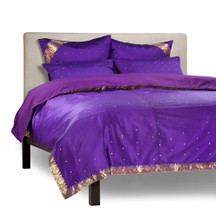 Purple - 5 Piece Handmade Sari Duvet Cover Set with Pillow Covers / Euro Sham