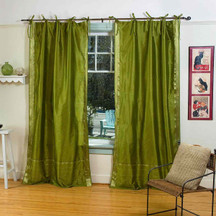 Olive Green  Tie Top  Sheer Sari Curtain / Drape / Panel  - Pair