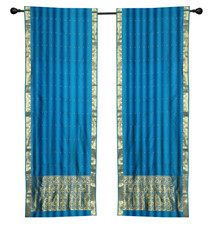 2 Boho Blue Indian Sari Curtains Rod Pocket Window Panels Drapes