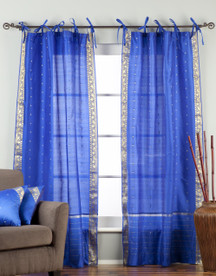 Enchanting Blue  Tie Top  Sheer Sari Curtain / Drape / Panel  - Pair
