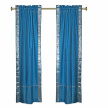 Turquoise Rod Pocket  Sheer Sari Curtains w/ Silver Border-Pair