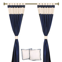 6 Pcs Set Blue Cream Raw Silk Curtain ,Cushion Cover, Tieback