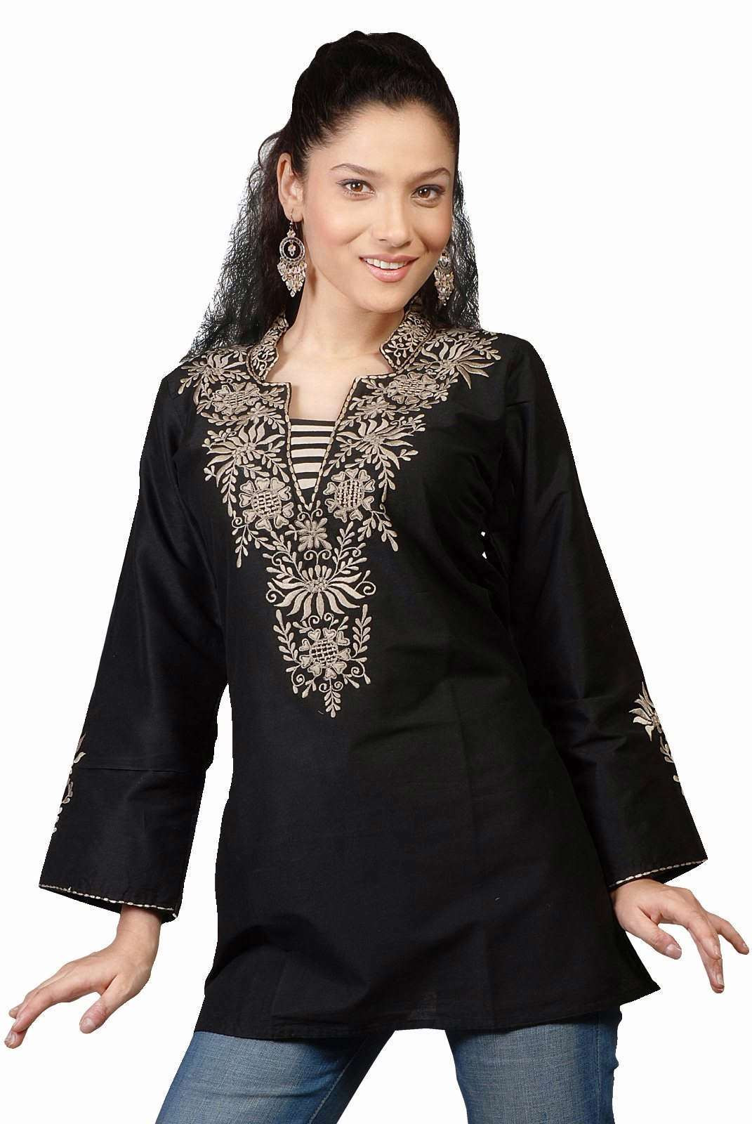 Black Crepe Kurti With Golden Embroidery – Stylish V-Neck Tunic For Women