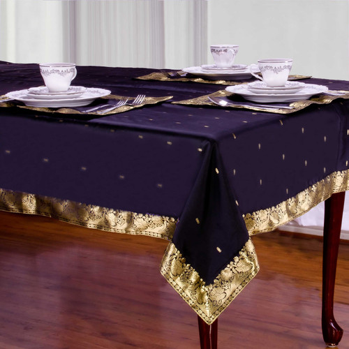 Elegant Black Hand-Crafted Sari Fabric Rectangular Tablecloth with Golden Paisley Borders-Authentic Indian Decor Perfect for Celebrations & Everyday use-Multiple Sizes & Colors Available