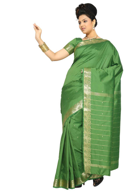 Indian Selections - Forest Green Art Silk Saree Sari fabric India Golden Border