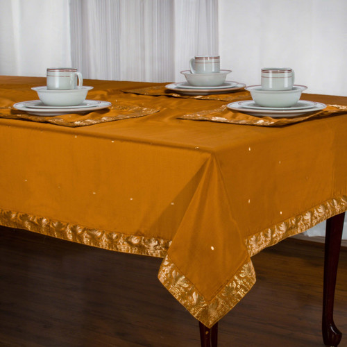 Earthy Mustard Hand-Crafted Sari Fabric Rectangular Tablecloth with Golden Paisley Borders-Authentic Indian Decor Perfect for Celebrations & Everyday use-Multiple Sizes & Colors Available