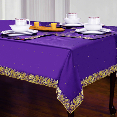 Regal Purple Hand-Crafted Sari Fabric Rectangular Tablecloth with Golden Paisley Borders-Authentic Indian Decor Perfect for Celebrations & Everyday use-Multiple Sizes & Colors Available