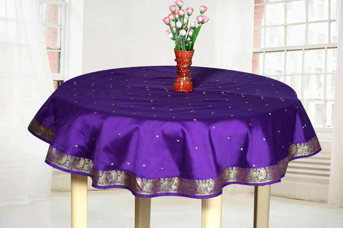 Regal Purple Hand-Crafted Sari Fabric Round Tablecloth with Golden Paisley Borders-Authentic Indian Decor Perfect for Celebrations & Everyday use-Multiple Sizes & Colors Available