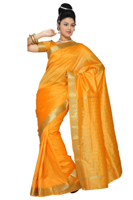 Pumpkin Art Silk Saree Sari fabric India Golden Border