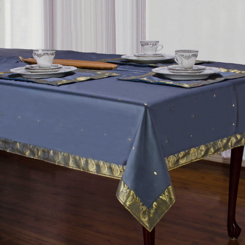 Sophisticated Dark Gray Hand-Crafted Sari Fabric Rectangular Tablecloth with Golden Paisley Borders-Authentic Indian Decor Perfect for Celebrations & Everyday use-Multiple Sizes & Colors Available