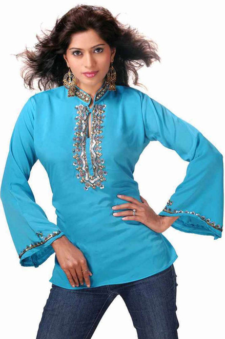 Blue long sleeves Kurti/Tunic with designer bead work