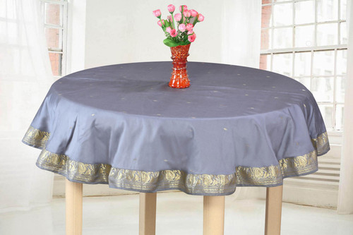 Sophisticated Dark Gray Hand-Crafted Sari Fabric Round Tablecloth with Golden Paisley Borders-Authentic Indian Decor Perfect for Celebrations & Everyday use-Multiple Sizes & Colors Available