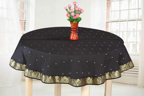 Elegant Black Hand-Crafted Sari Fabric Round Tablecloth with Golden Paisley Borders-Authentic Indian Decor Perfect for Celebrations & Everyday use-Multiple Sizes & Colors Available