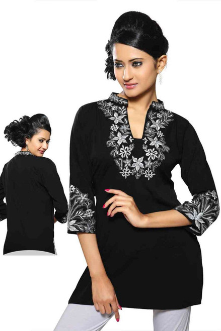 Black crepe kurti with contrast colored embroidery work.