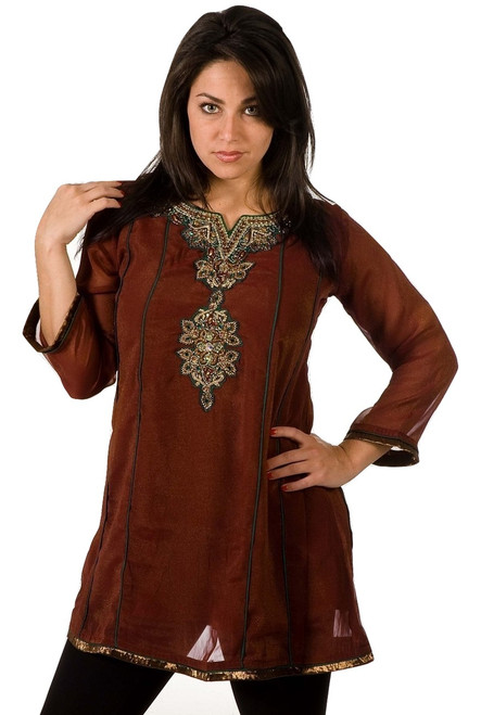 Brown-Anarkali Style Kurti with contrast colored patchwork and embroidery