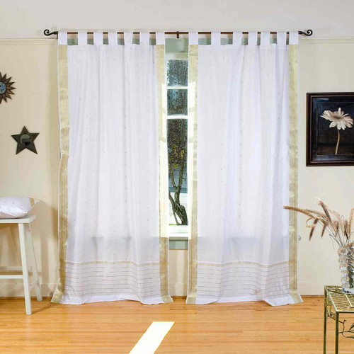 White with Gold  Tab Top  Sheer Sari Curtain / Drape / Panel  - Piece