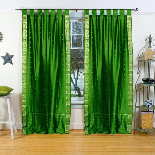 Forest Green  Tab Top  Sheer Sari Curtain / Drape / Panel  - Piece