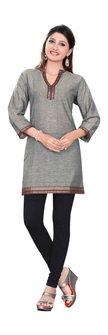 Gray 3/4 sleeve Indian Cotton Kurti/Tunic with Golden neckline