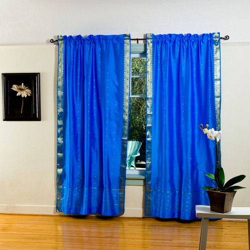 Blue Rod Pocket  Sheer Sari Curtain / Drape / Panel  - Pair