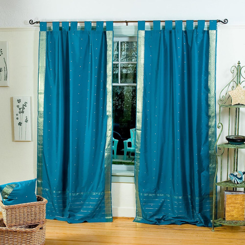 Turquoise  Tab Top  Sheer Sari Curtain / Drape / Panel  - Pair