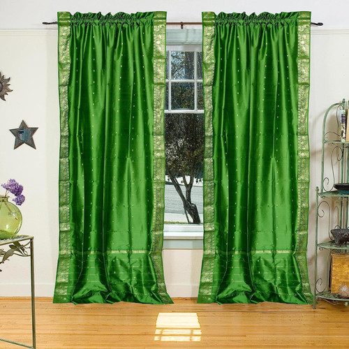 Forest Green Rod Pocket  Sheer Sari Curtain / Drape / Panel  - Pair