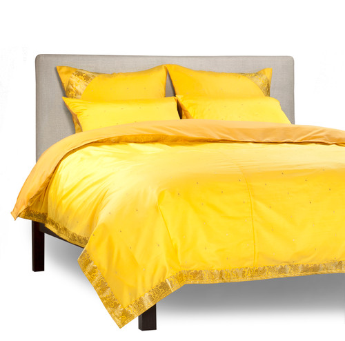 Yellow - 5 Piece Handmade Sari Duvet Cover Set with Pillow Covers / Euro Sham