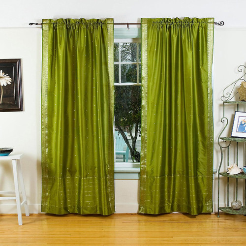 Olive Green Rod Pocket  Sheer Sari Curtain / Drape / Panel  - Pair