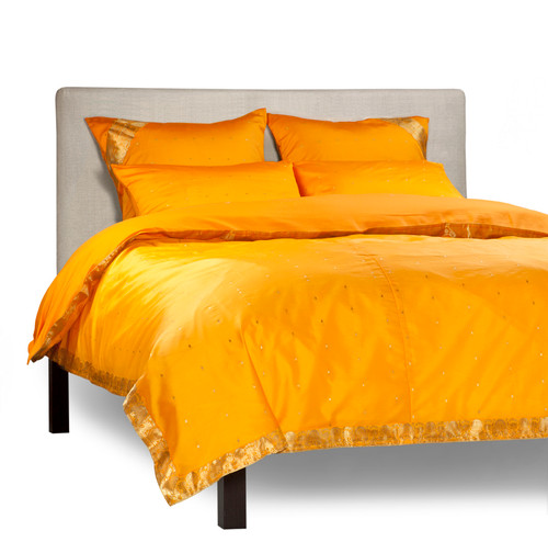Pumpkin - 5 Piece Handmade Sari Duvet Cover Set with Pillow Covers / Euro Sham