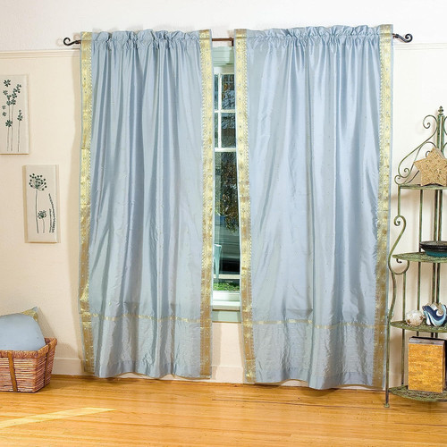 Gray Rod Pocket  Sheer Sari Curtain / Drape / Panel  - Pair