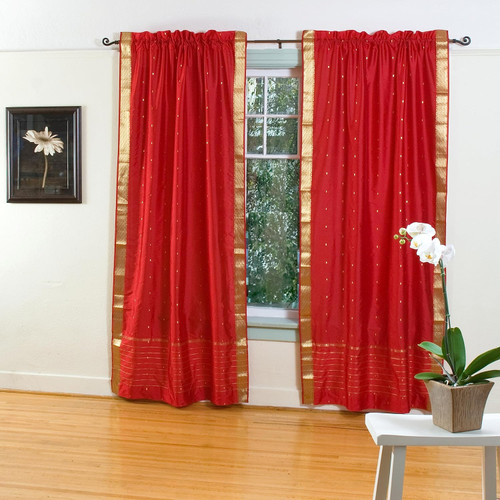 Fire Brick Rod Pocket  Sheer Sari Curtain / Drape / Panel  - Pair