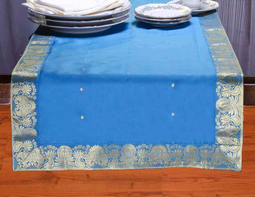 Turquoise Handmade Indian Design Table Runner for Wedding Receptions, Party Decorations, and Decor for every Occasion | Silk Sari Fabric | Ideal Ethnic Tablerunner with Golden Borders.